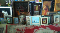 LARGE LOT OF PINTINGS - HOW TO BOOKS - VINTAGE DECOR ITEMS