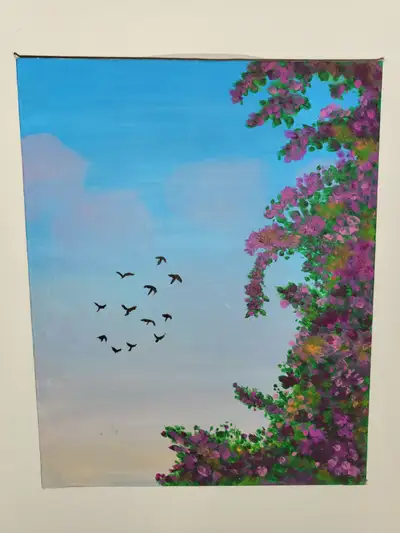 Hand-Painted Canvas Wall Art-Nature Scene with Flowers and Birds, View more