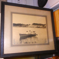 Vintage Framed Photograph. 2 Women 3 Young Girls In Row Boat