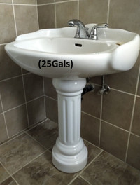 Pedestal Sink - White Porcelain, Faucet, Antiqued Design (1)