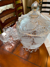 Vtg Cut Crystal Punch Bowl with 9 Cups Etched Fruit Motif