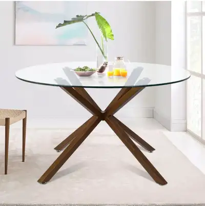 Tempered glass table and 4 mid-century upholstered dining chairs, View more