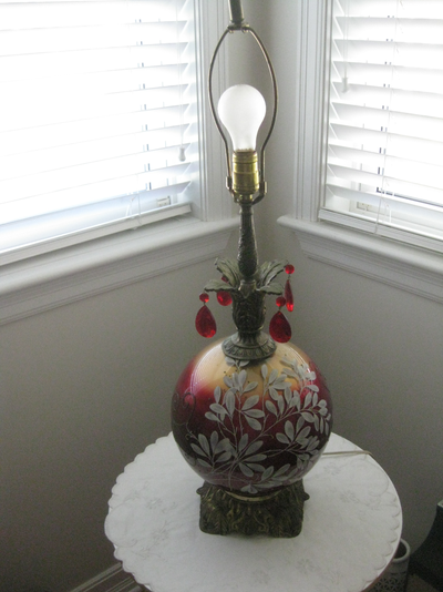 Vintage 1960s - 1970s large ruby red glass ornate table lamp, View more