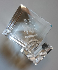 Mandarin Crystal Cube in Tilted Form Stands on Clear Base