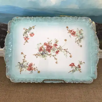 Antique late 1800s porcelain floral vanity tray in turquoise ombre with worn gold accents. Lovely fo...