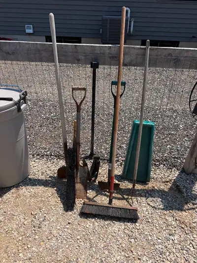 Selection of garden tools post hole digger brooms all items, View more