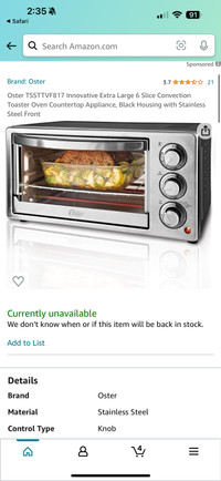 Oster 6 slice large toaster oven like new
