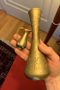 Vintage or antique brass vase and miniature pitcher