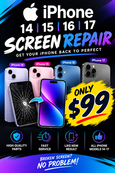 iphone 14, iphone 15, iphone 16, iphone 17 screen repair $99, View more