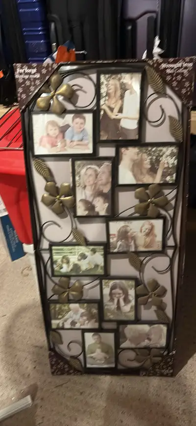 I'm selling a used photo collage frame in good condition. It holds multiple photos of various sizes...