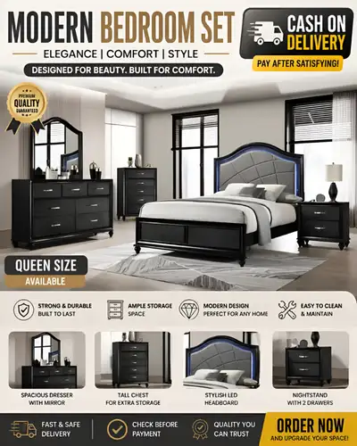 Modern Queen Size Bedroom Set – LED Headboard | Cash On Delivery, View more