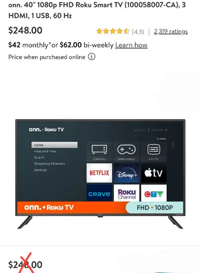 New and new open box 40" onn or TCL Roku Smart tv's 1080p. Onn Model 100058007-CA Price $180 Not neg...