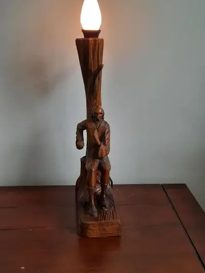 Antique Black Forest Carved Wood Figural Man Table Lamp, View more