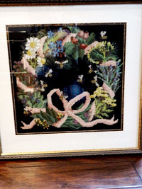 antique NEEDLE POINT mourning wreath pillow case FRAMED gorgeous