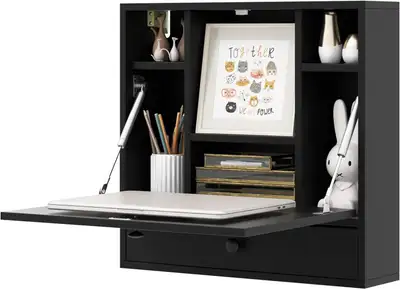 Wall-Mounted Folding Desk with Storage – Black, View more