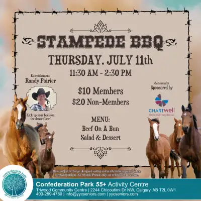 Grab your hat and boots, it's Stampede Time!! Our Annual Stampede BBQ Lunch consists of BBQ Beef on...