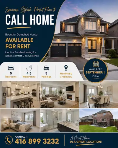 Mayfield and Creditview Double car garage detached house 5 bedroom 4.5 washroom 3350 sq ft laundry o...