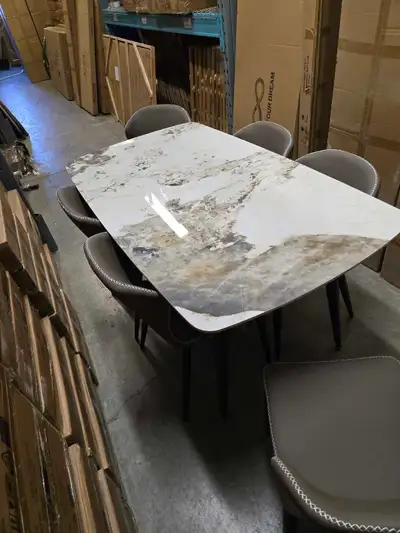 Store sale -New dining table with 6 pu leather chairs, View more