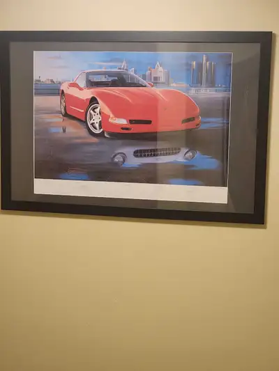 C5 corvette painting with detroit skyline and reflection of a 1953 corvette in a nice frame, certifi...