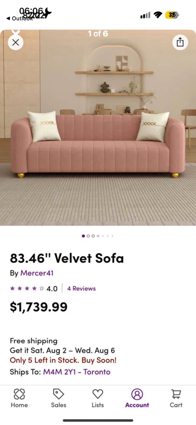 New Pink Velvet 3 Seater Sofa, Art Deco, Unopened retail $1,740, View more