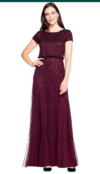Adrianna Papell Women's Short Sleeve Blouson Beaded Gown, Size 2, View more