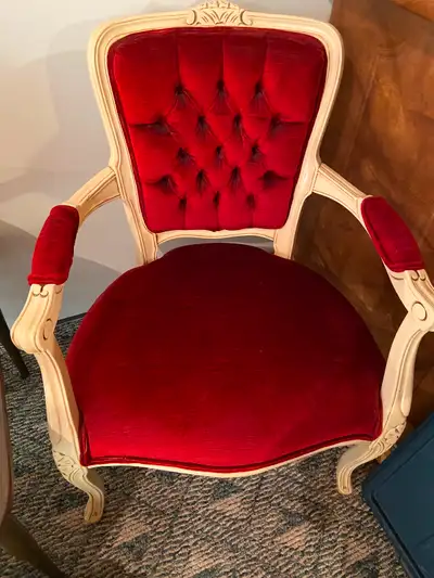 Vintage Louis XVI Style chair. Rosé carvings, red velvet., View more