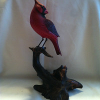 SOLD..SIGNED VINTAGE RED CARDINAL WOOD CARVING