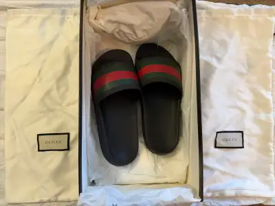 Authentic Gucci Web Stripe Rubber Slides w/ Dust Bags & Box, View more