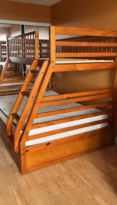 Sturdy Solid Wood Bunk Bed (Twin/Full) with Pullout Trundle Stor, View more