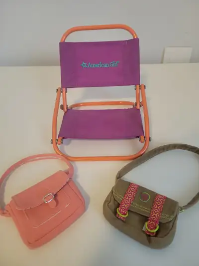For Sale: 1 American Girl Outdoor Folding Chair 1 American Girl purse (brown one) 1 Our Generation p...
