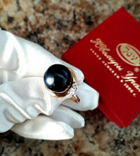 14K gold ring with a huge black pearl in gift box, size 6,5-7