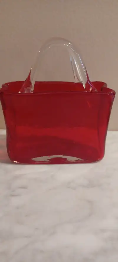 Hand-blown Ruby Red Glass Purse Vase Red w/Clear Glass Handles