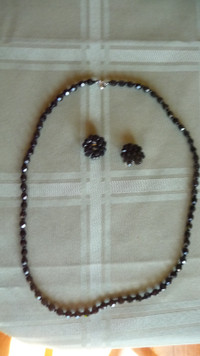 Vintage Black glass Bead Necklace and clip Earrings