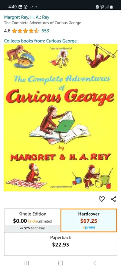VINTAGE CURIOUS  GEORGE 405 Pages 1994 Hardcover book, View more