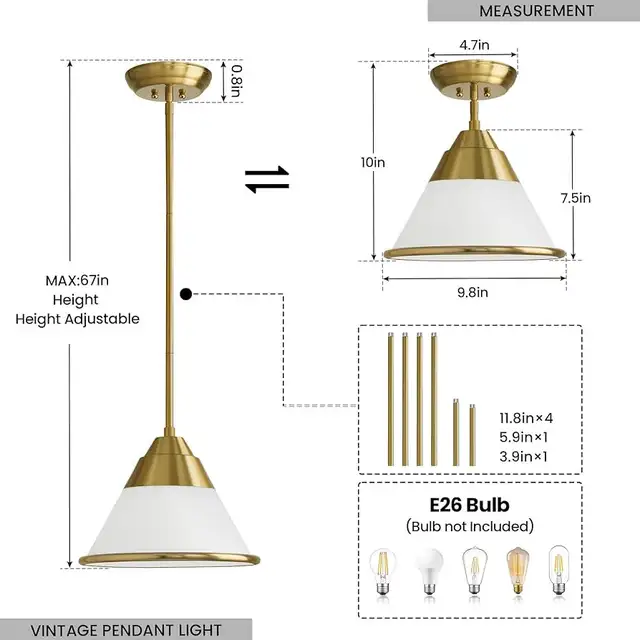 9.4” Cone Milk Glass Pendant Light Fixture, Gold in Indoor Lighting & Fans in Markham / York Region - Image 5