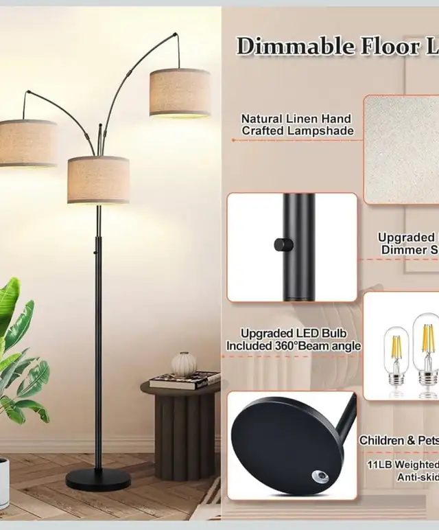 Modern 3-Light Arc Floor Lamp – Matte Black with Linen Shades in Indoor Lighting & Fans in Oshawa / Durham Region - Image 5