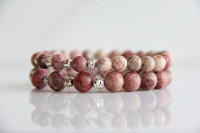 PINK SEA LILY JASPER Gemstone Beaded Bracelet w/ Sterling Silver