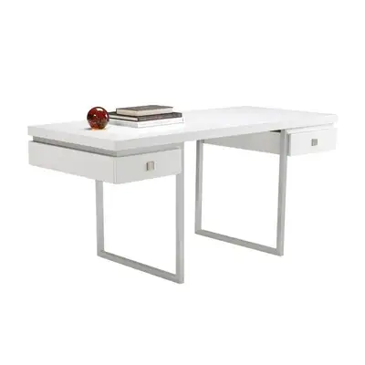 Glossy white lacquer finish with stainless steel base and accents. Two pullout drawers. I've used it...