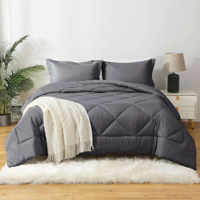 New 3 Piece Reversible Comforter Set • Q $70 • Dark Grey in Bedding in Barrie