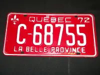 Plaque ''C'' Immatriculation Québec License  1972 72