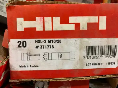BRAND NEW BOXES OF (20) ANCHORS, SURPLUS STOCK FROM A RACKING INSTALLATION NEW FROM HILTI $719 / BOX...