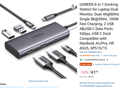 UGREEN 6 in 1 USB C Docking Station for Laptop Dual 4K@60Hz HDMI, View more