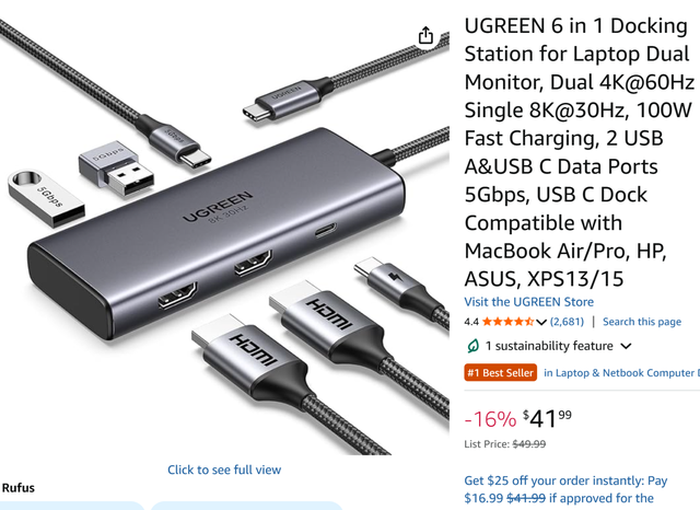 UGREEN 6 in 1 USB C Docking Station for Laptop Dual 4K@60Hz HDMI in Laptop Accessories in City of Toronto - Image 2