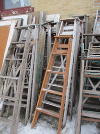 BUNCH OF OLD ALL WOOD ASSORTED STEP LADDERS $40 EA. VINTAGE