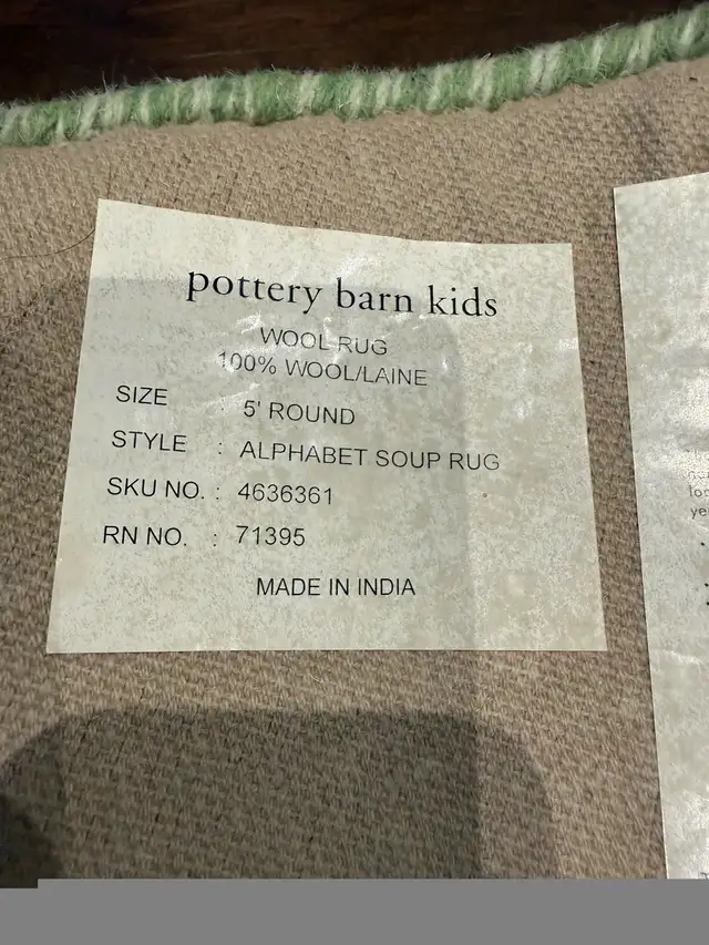 Pottery Barn Kids 5’ Wool Round Rug - Alphabet Soup in Rugs, Carpets & Runners in Markham / York Region - Image 4