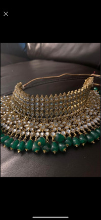 Indian kundan and emerald green jewellery set