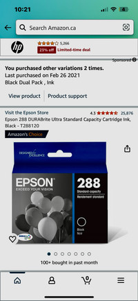 Epson 288 Brand-new black ink cartridge.