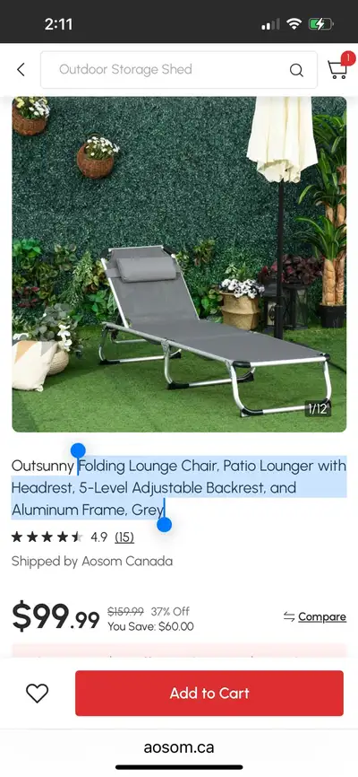 5 level Folding Lounge Chair, Patio Lounger with Headrest, View more