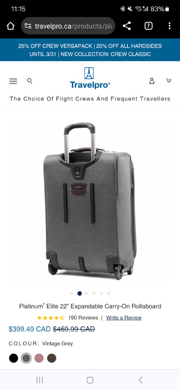 Travelpro Platinum Elite 22" Carry-On Luggage in Vintage Grey dans Autre  à Ville de Toronto - Image 3