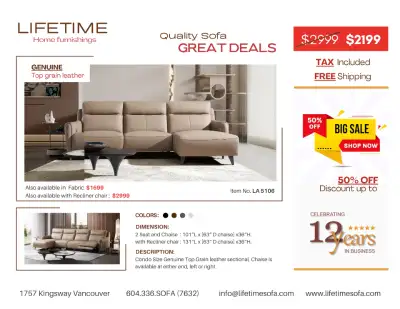 Item No. LA 5106 WAS $2999 NOW $2199 Colors Available: Black, Brown, white and Grey Dimension: 2 Sea...